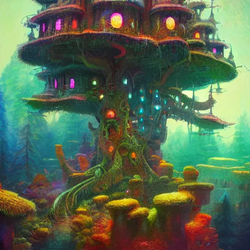 Prompt: detailed concept colorful fantasy painting of a transcendental treehouse, artwork by Paul Lehr and Lexander Jansson, cinematic lighting, hyperdetailed, 8k, high resolution, insanely detailed and intricate, octane render