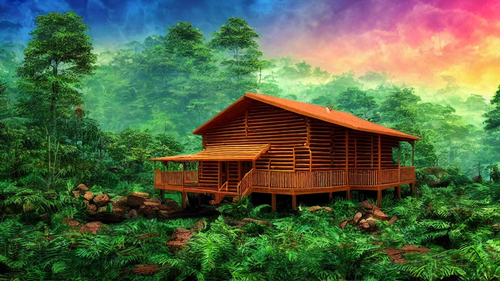 Prompt: golden log cabin in a vaporwave jungle, 4k, ultra realistic, award winning Photograph