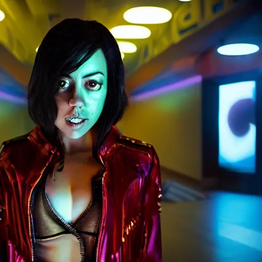 Prompt: hyper detailed, ultra sharp focus photo of aubrey plaza dressed as judy alvarez, cyberpunk, unreal engine, studio lighting, 8 k, dslr, 8 5 mm f / 1. 8 by sam shaw