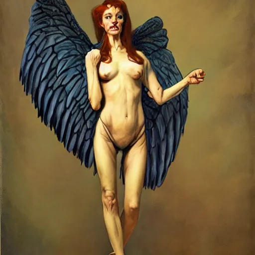 Prompt: portrait of a short woman with long, strong legs, short torso, and wings, by Gerald Brom