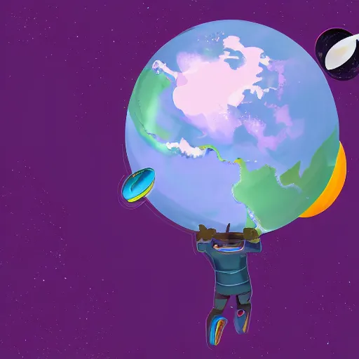 Image similar to cartoon illustration of a bear mascot being launched from a futuristic marble planet, purple and orange cloudland