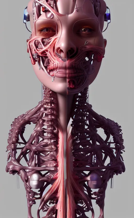 Image similar to 3D render of a beautiful profile face portrait of a female cyborg, 150 mm, flowers, Mandelbrot fractal, anatomical, flesh, facial muscles, veins, arteries, full frame, microscopic, elegant, highly detailed, flesh ornate, elegant, high fashion, rim light, ray trace, octane render in the style of H.R. Giger