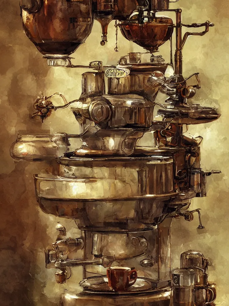 Image similar to ancient coffee machine, by Simon Stalenhaag, by Yoshita Amano, by Esao Andrews, sharp focus, fresh colors, deviantart, conceptart