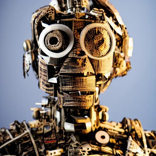 Image similar to papier - mache cyborg. studio lighting, canon 5 d 5 0 mm lens