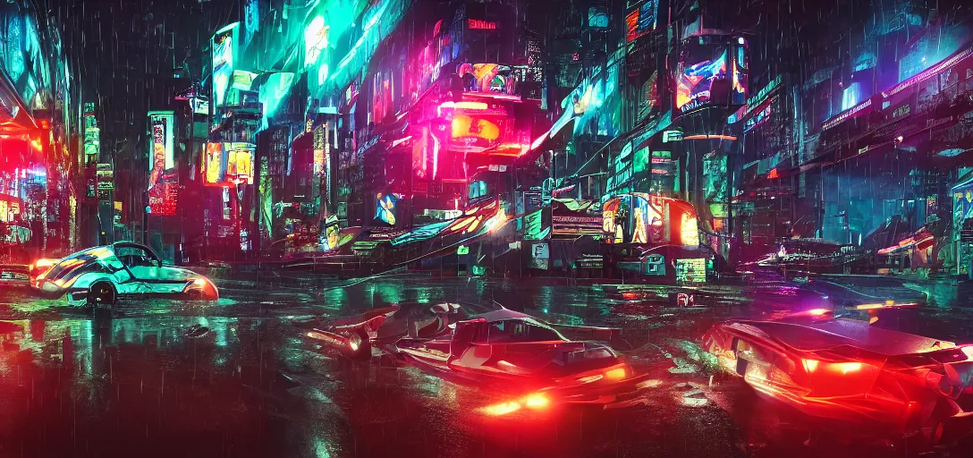 Image similar to cyberpunk look of Small outdoor carnival, rain, night, flying cars, digital art, 8k, many details