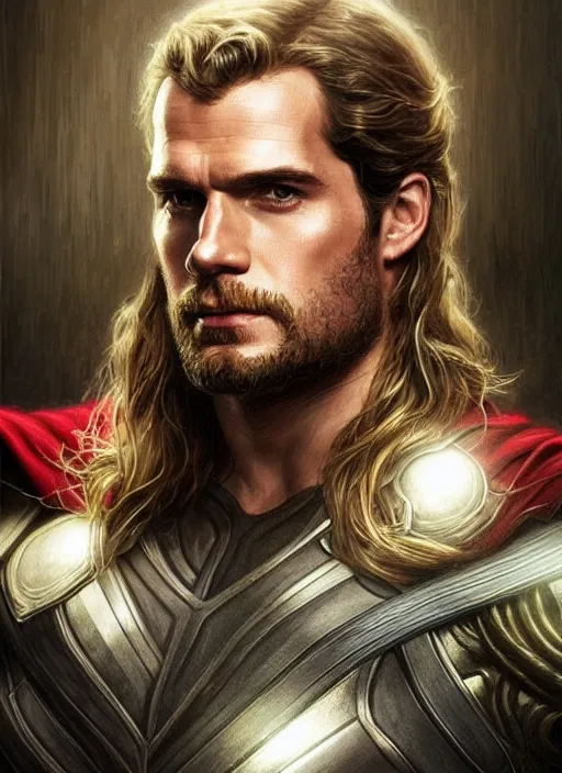 Image similar to Henry Cavill as Thor, fantasy, intricate, elegant, highly detailed, digital painting, artstation, concept art, smooth, sharp focus, illustration, art by artgerm and greg rutkowski and alphonse mucha