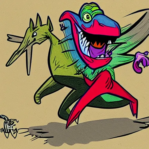 Prompt: a colorful cartoon vampire being chased by a pencil sketched dinosaur