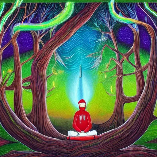 Prompt: A painting of mr mackey from south park meditating under a tree designed by flooko, alex grey, etheral, vibrant, forest, detailed, glows,