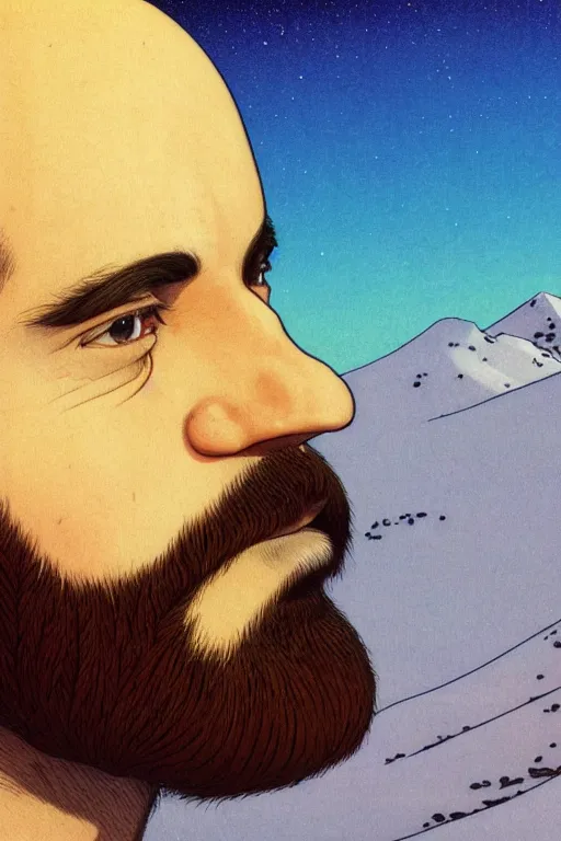 Prompt: a colorful closeup portrait of a young bald man with a wild beard dreaming psychedelic hallucinations in the vast icy landscape of antarctica, by kawase hasui, moebius and edward hopper, colorful flat surreal design, hd, 8 k, artstation