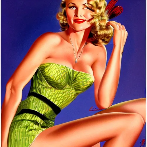 Prompt: pretty woman resembling a combination of bo derek and cameron diaz with a pet preying mantis on her finger by gil elvgren