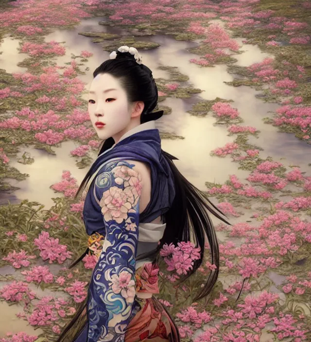 Image similar to baroque portrait of one yakusa biomechanic android geisha with tattoos is lying down in a river made of thousand of flowers, backlighting, photorealistic, octane render, 8 k, depth of field, art by artgerm and greg rutkowski and alphonse mucha and uang guangjian