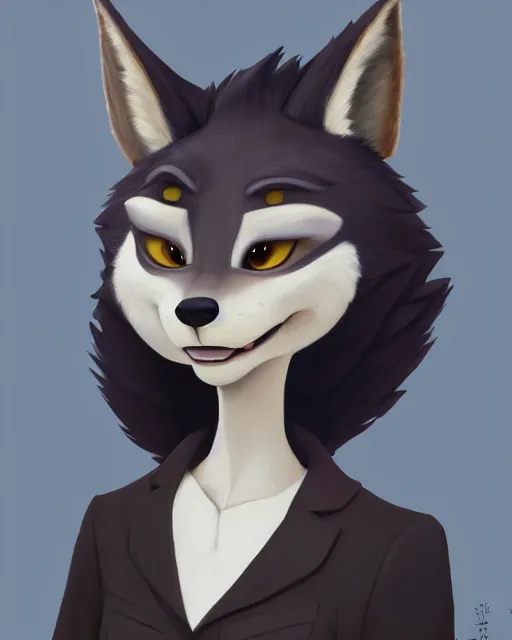 Image similar to oil painting of anthromorphic female wolf, in style of cory loftis, female fursona, furry, furaffinity, 4 k, deviantart, furry art, fursona art, wearing black business suit, business suit, in style of zootopia, wolf fursona, cyberpunk, female, very expressive detailed feminine face,