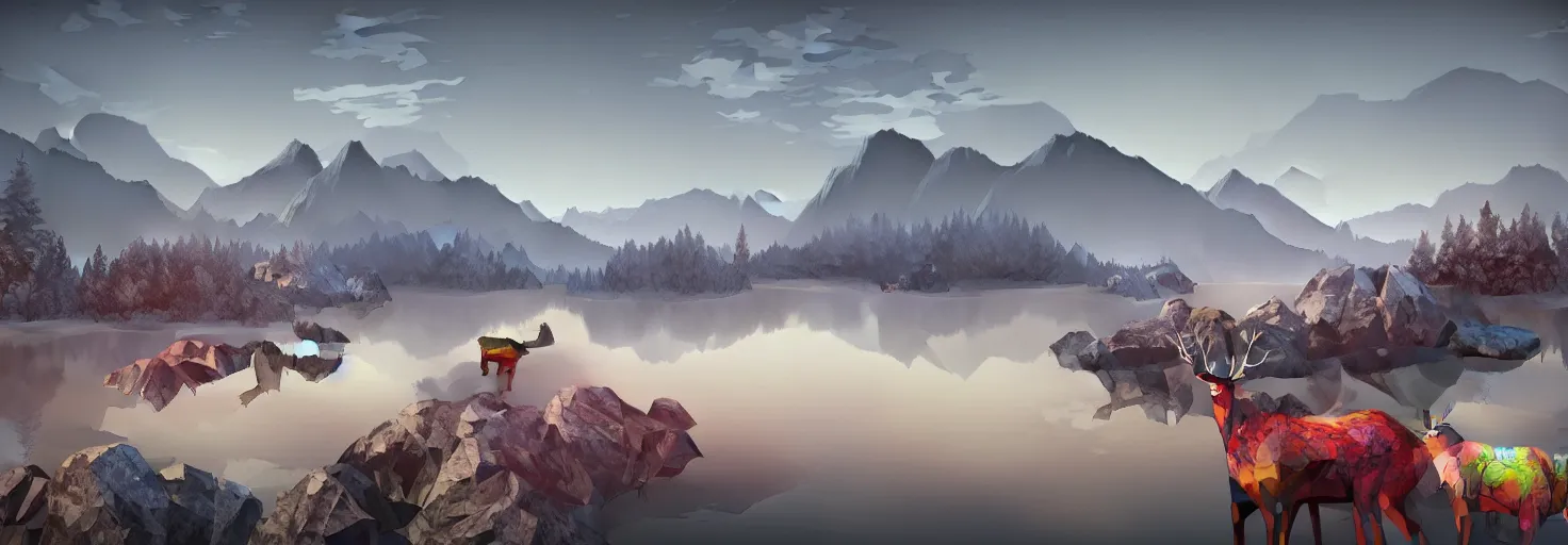 Prompt: super detailed color lowpoly art, northern sunset with rocks on front, blured monochromic lake in the middle of perspective and foggy mountains at background, graphic reindeers in random points, unreal engine, gothic rich deep colors, molotow premium color palette, 3d render, lowpoly, colorful, digital art