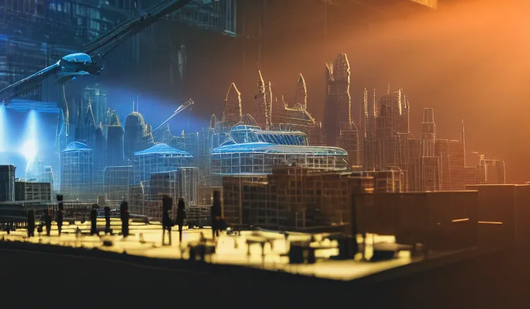 Image similar to crowd of people in simple walled warehouse, looking at hologram of futuristic city on a table, cinematic concept art, godrays, golden hour, natural sunlight, 4 k, clear details, tabletop model buildings, center model buildings, hologram center, crane shot, crane shot, crane shot