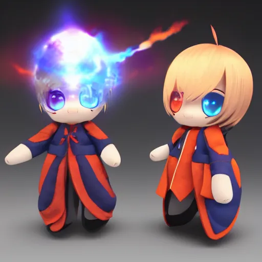 Image similar to cute fumo plushes of a set of red and blue twins who are masters of fire and ice magic respectively, outline glow, particle simulation, blue and orange lens flare, vray