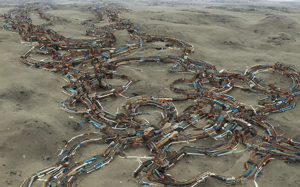 Prompt: gigantic robotic centipede travelling across a broken landscape