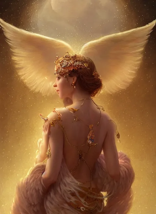 Image similar to A beautiful digital painting of a female angel full of jewels, princess, the moon behind her, intricate, cinematic lighting, highly detailed, digital painting, Artstation, concept art, smooth, sharp focus, illustration, art by Tom Bagshaw, Artgerm and Greg Rutkowski