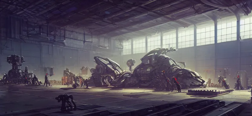 Image similar to Futuristic mecha hangar with workers and machinery, light effect, by Greg Rutkowski and Andreas Rocha on artstation, high-definition picture, Matte painting, mechanical, Unreal Engine, hard surface, 4k