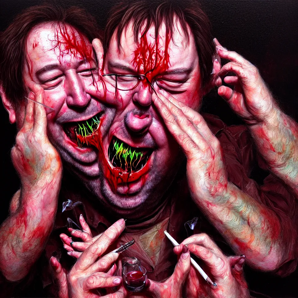 Prompt: happy and funny psychedelic bill hicks eating rotten flesh, laughing and puking blood, diffuse lighting, fantasy, intricate, elegant, highly detailed, lifelike, photorealistic, digital painting, artstation, illustration, concept art, smooth, sharp focus, art by francis bacon