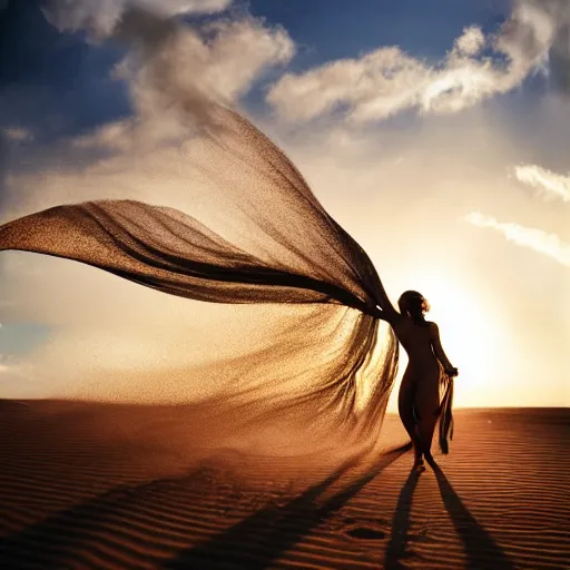Prompt: filmstill photography of female body sulhouette covered with curly white translucent blanket blowing in wind, acrylic liquid colors, luxurious supermodel photoshooting, golden jewelry, bokeh, godrays, strong wind, wrinkles, sunrays, sunset, lens flares, monet, painting by renoir, cold colors, sand dunes