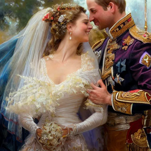 Image similar to detailed painting of prince william marrying attractive gigi hadid, highly detailed painting by gaston bussiere, craig mullins, j. c. leyendecker 8 k, 4 k, smiling couple, royal painting, human face, watercolor, realistic human