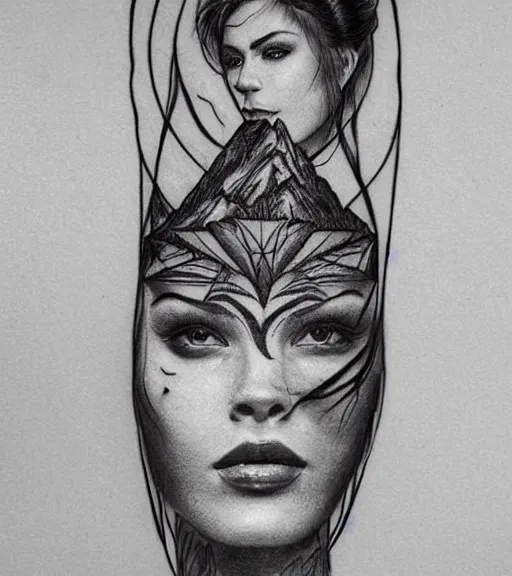 Image similar to amazing blend effect of beautiful mountain scenery with a beautiful woman face, tattoo design sketch, hyper - realistic, in the style of matteo pasqualin, amazing detail, black and white