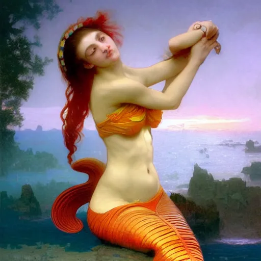 Prompt: a beautiful stunning interesting detailed fantasy whimsical matte digital portrait illustration of a mermaid with turqoise hair, yellow-orange and red-violet sunset, spectacular sunset, in the style of William Adolphe-Bouguereau and Marc Simonetti, magic the gathering, trending on artstation hq, contest winner