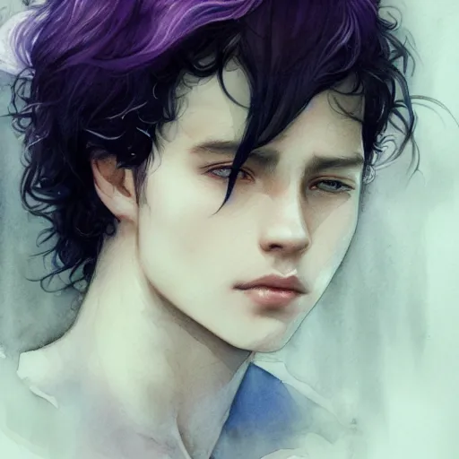 Image similar to young boy, black hair, purple eyes, gorgeous, amazing, delicate, elegant, intricate, highly detailed, watercolor, portrait, artstation, concept art, sharp focus, illustration, art by charlie bowater and Ross tran