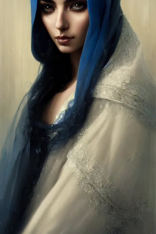 Prompt: Ameera al-Taweel, blue eyes, long wavy black hair, white veil, closeup, focus face, elegant, highly detailed, centered, oil painting, artstation, concept art by tom bagshaw