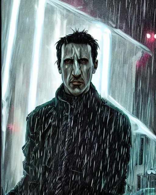 Prompt: An epic fantasy comic book style portrait painting of a very imposing Industrial goth Trent Reznor in the rain, wet hair, neon reflections, character design by Mark Ryden and Pixar and Hayao Miyazaki, unreal 5, DAZ, hyperrealistic, octane render, cosplay, RPG portrait, dynamic lighting, intricate detail, cinematic