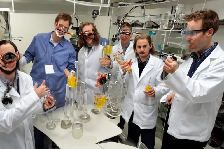 Prompt: recent photograph of reckless!!! whimsical! scientists in a lab inventing a new flavor of pringle, presentation, slide show, beakers, doomsday device