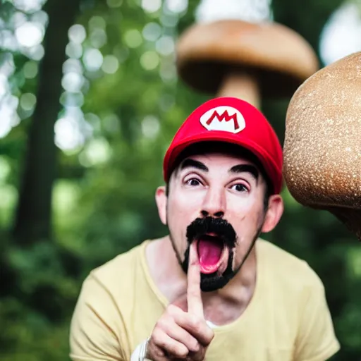 Image similar to photo of real life mario finding a giant mushroom, exhilarated, portrait, closeup. mouth open, 30mm, bokeh