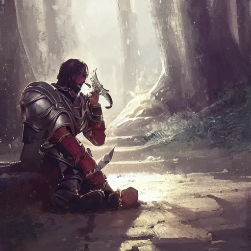 Prompt: 'A human male paladin in chainmail is resting on his knee with a greatsword in his hand, art by Greg Rutkowski, 4k'