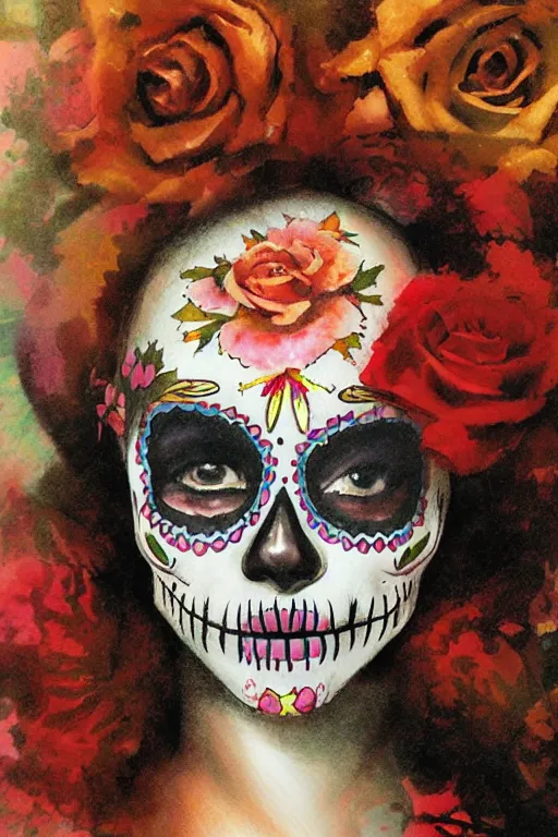 Image similar to illustration of a sugar skull day of the dead girl, art by craig mullins