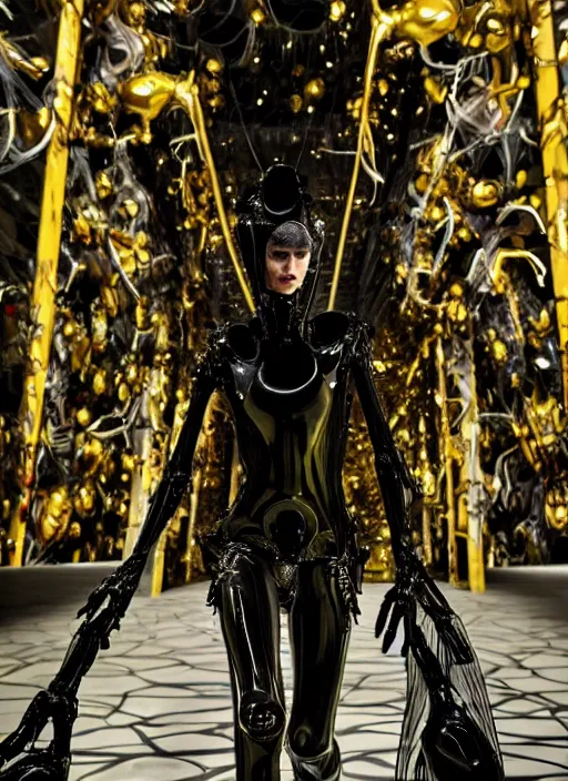 Image similar to walking down the catwalk, steven klein, show, stage, vogue photo, podium, fashion show photo, iris van herpen, beautiful woman, perfect body, full body shot, helmet on face, masterpiece, plant predator, guyver, jellyfish, biomechanical details, movie still, fauvism, cinestill, bokeh, gelios lens