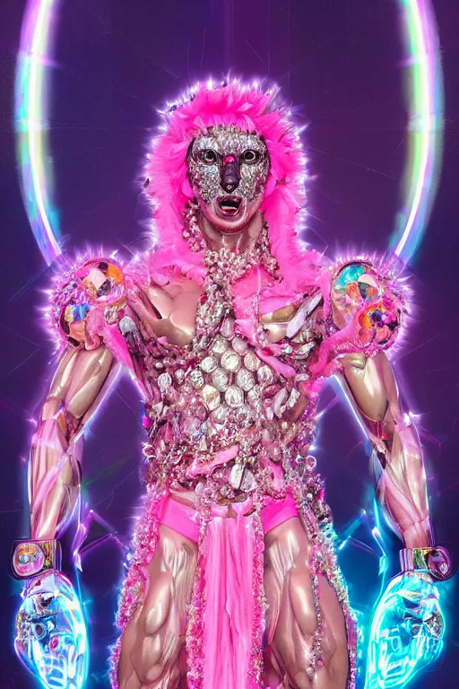 Prompt: hyper detailed ultra sharp fullbody photo of baroque and cyberpunk transparent pink gem sculpture of a muscular seductive young latino feeling muy cachondo, muy dotado, iridescent humanoid deity wearing pink plastic seethrough cloak, holding a rainbow tiger gem, blue diamond, glowing pink face, crown of white diamonds, cinematic lighting, photorealistic, octane render 8 k