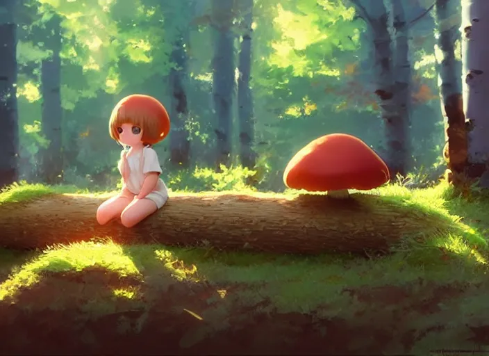 Prompt: a small, cute and chubby mushroom creature, she's sitting on a log in an aspen forest, atmospheric lighting, sun rays through the trees, by makoto shinkai and krenz cushart