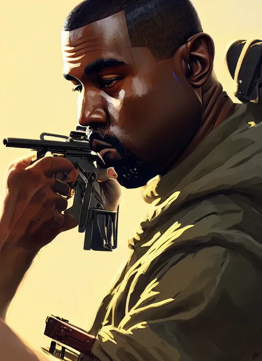 Image similar to highly detailed portrait kanye west holding rifle in gta v stephen bliss unreal engine fantasy art by greg rutkowski loish rhads ferdinand knab makoto shinkai lois van baarle ilya kuvshinov rossdraws tom bagshaw global illumination radiant light detailed intricate environment