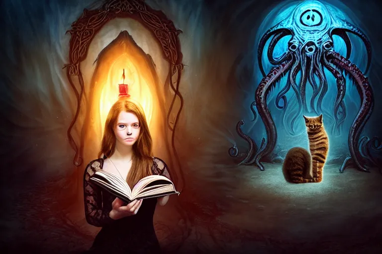 Prompt: romantic photo of bright girl, her cat and her book of necronomicon, symmetrical, cinematic, real dlsr photography, sharp focus, 4 k, ultra hd, sense of awe, sinister demonic atmosphere, dreadful, forbidden knowledge, old gods, cthulhu, yog - sothoth! yah, yah, yah! cultist journal cover