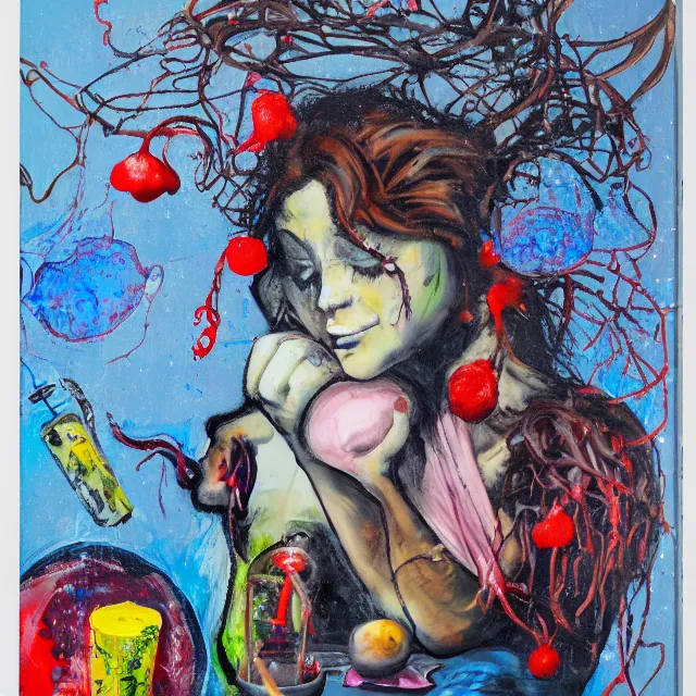 Prompt: acrylic and spray paint and oilstick on canvas, portrait of a female art student falling asleep, scientific research, crashcart, x - ray, sensual, blossom, squashed berries dripping, octopus, candlelight, neo - impressionist, surrealism