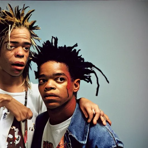 Prompt: basquiat with kurt cobain photographed by annie leibovitz in a hi end photo studio, color, photorealistic