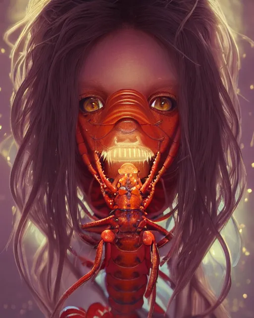 Image similar to portrait of a cute female lobster, bioluminescent, veins, horror, happy, highly detailed, digital painting, cinematic, hyperrealism, dark retrowave, art by stanley lau and artgerm and magali villeneuve and alphonse mucha, artstation, octane render, cgsociety