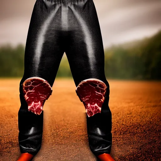 Image similar to pants created from meat, steak pants, high definition, beautiful award winning photography, 8 k.