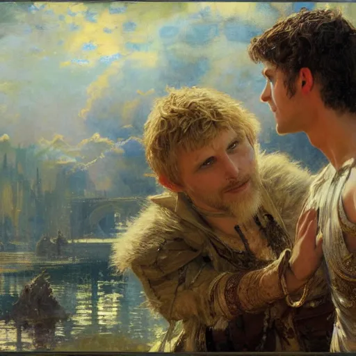 Image similar to attractive arthur pendragon confesses his love to attractive male merlin. highly detailed painting by gaston bussiere, craig mullins, j. c. leyendecker 8 k