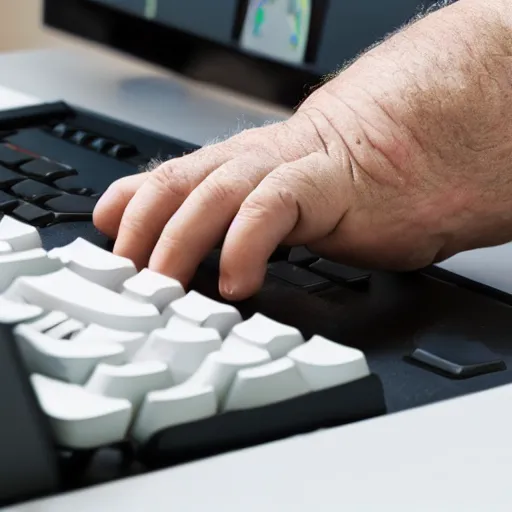 Prompt: a fat old man with a white beard typing on a mechanical keyboard in front of a computer, detailed,