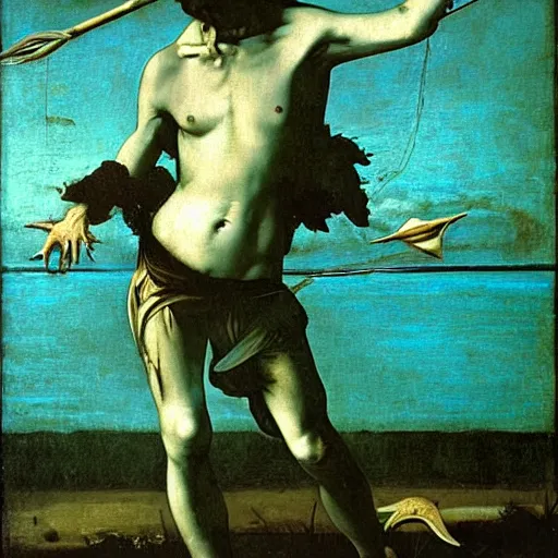 Image similar to painting by caravaggio of a drowned zombie, floating underwater, holding a trident with glowing cyan eyes, wearing ragged clothing, holding a trident, underwater, pastel green and blue color palette