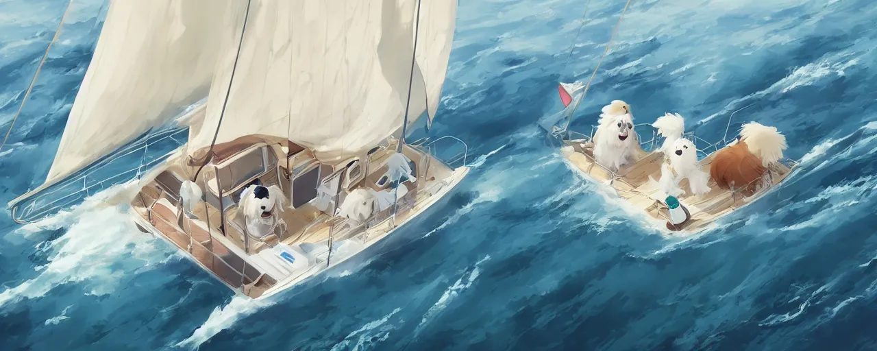 Image similar to a cream - colored havanese dog and shih tzu, sailing on a luxury yacht, detailed, atey ghailan, goro fujita, studio ghibli, rim light, exquisite lighting, clear focus, very coherent,