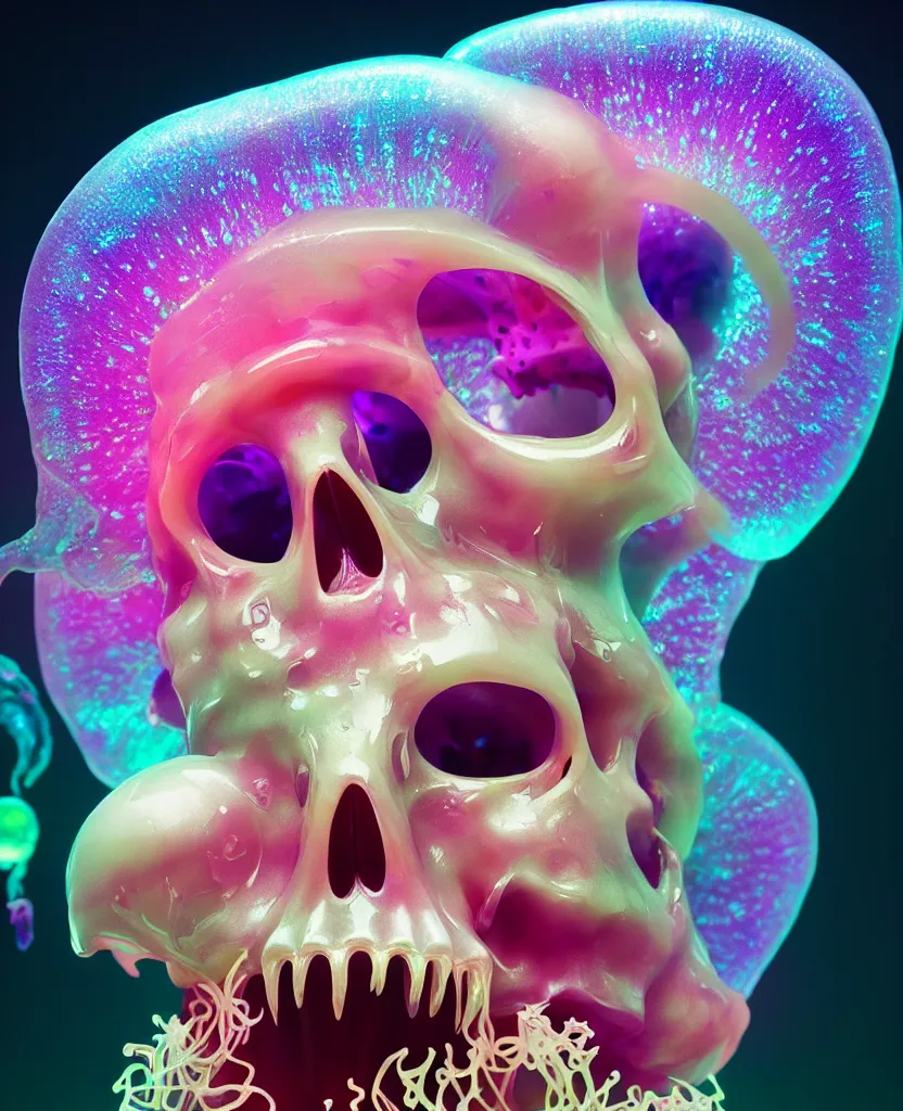 Image similar to close-up portrait of skull dichroic orchid jellyfish skull, betta fish, bioluminiscent creatures, intricate artwork by Tooth Wu and wlop and beeple. octane render, trending on artstation, greg rutkowski very coherent symmetrical artwork. cinematic, hyper realism, high detail, octane render, 8k