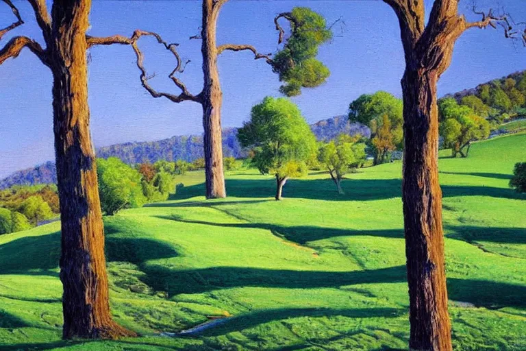 Image similar to masterpiece painting of oak trees on a hillside overlooking a creek, dramatic lighting, by wayne thiebaud