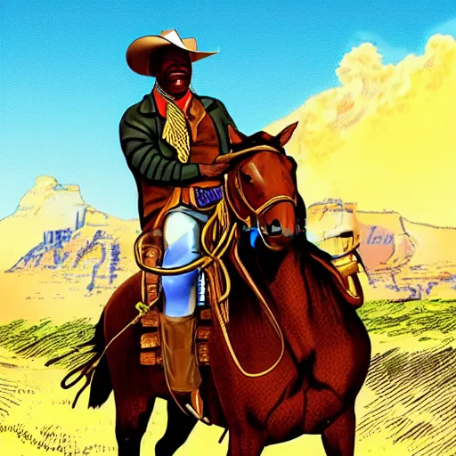 Prompt: nelson mandela as a cowboy on a horse in a classic wild west illustration